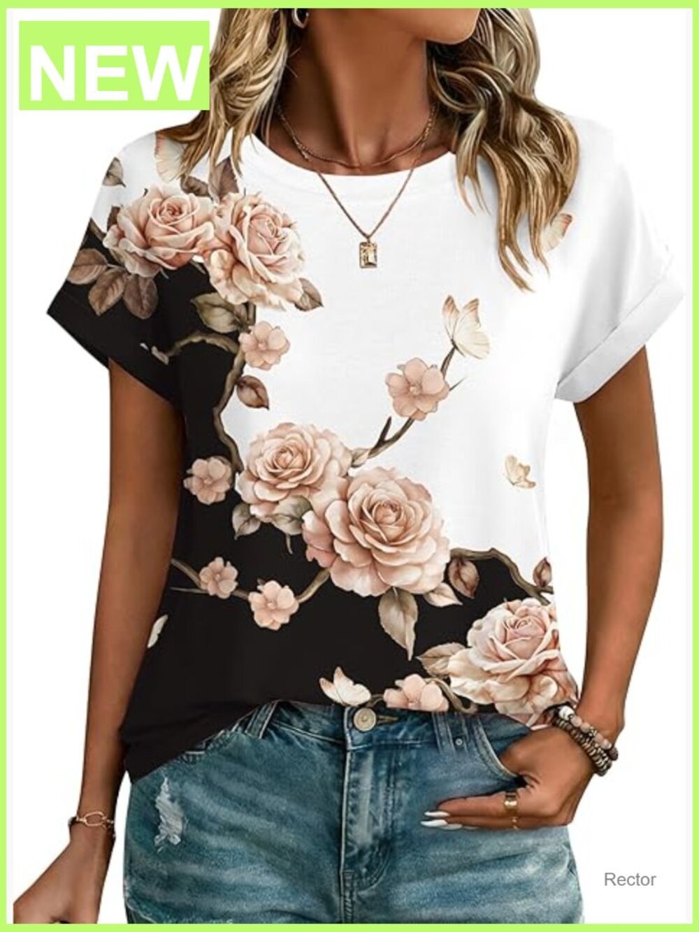 Short Sleeve Crew Neck Blouse with Roll-Up Cuffs - Soft Stretch Blend